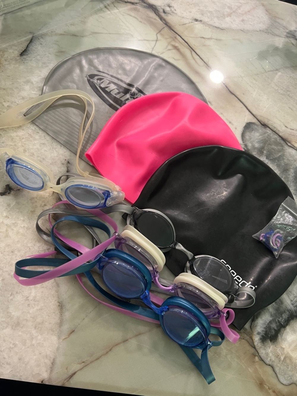 Speedo Swim Caps and Goggles Set - Pink, Black, Silver, Blue, Purple